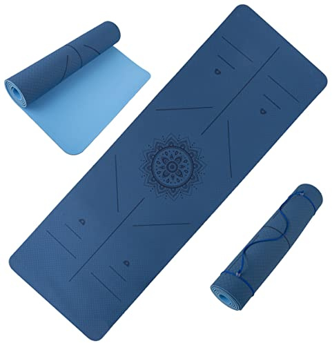Yoga Mat with Alignment Marks - Lightweight Exercise Mat with Carry Strap for Home Workout or Travel by Wakeman Outdoors (Blue)