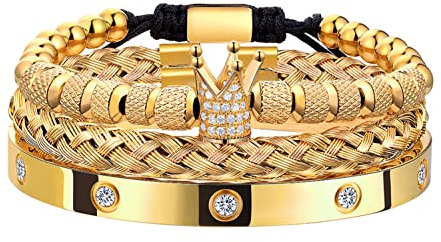 WFYOU 3PCS Stainless Steel Imperial Crown Bracelets for Men Gold Roman Numeral Bangle Bracelet Adjustable Cuff Bracelet Mens Luxury Jewelry Gifts (01:Gold-Cubic Zirconia)