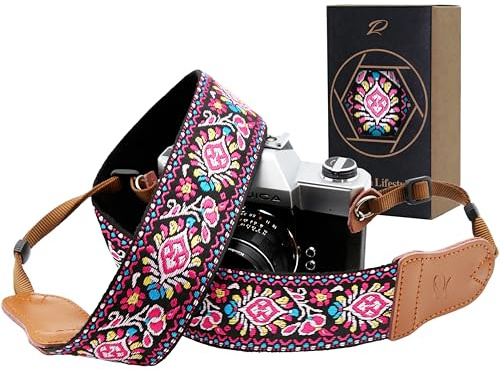 Padwa Lifestyle Kameragurt - 2“ Rindsleder Kopf Kameragurt für Fotografen, Vintage Jacquard Stickerei gewebt Baumwolle verstellbare Schulter Nackenriemen für Kameras, Ferngläser - Vintage Pulver