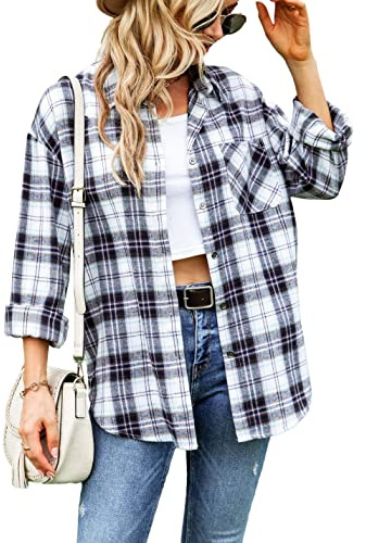 Megfie Chemise surdimensionnée à Carreaux en Flanelle Douce et boutonnée pour Femme, à Manches Longues, en Flanelle, Grey, Taille M