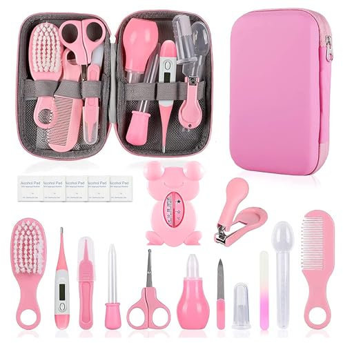 Baby-Pflegeset, Sicherheitspflege-Set für Kleinkinder mit Haarbürste, Kamm, Nagelknipser, Nasensauger, Baby-Essentials-Set für Neugeborene, Mädchen, Jungen (rosa Baby-Pflegeset)