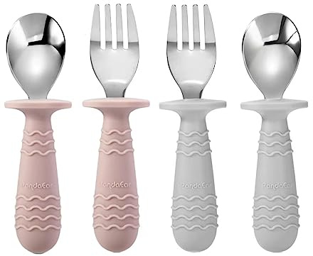 PandaEar, set di 4 utensili in silicone e acciaio inossidabile per bambini e neonati, posate per bambini e neonati con cucchiaio e forchetta, senza BPA, con impugnatura in silicone, design