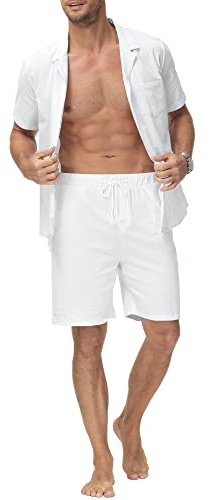 YAOHUOLE Herren 2 Stück Baumwolle Leinen Set Leinen Hemd Und Hose Herren Kurz Weiß 3XL