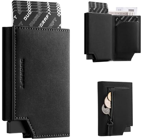 DUGRAFT Dubbelvikt pop-up plånbok för män, smal läder kreditkortshållare med dragkedja minimalistiska kvinnor magnetiska kontanter mynt ficka plånböcker RFID-blockering, Svart, minimalist
