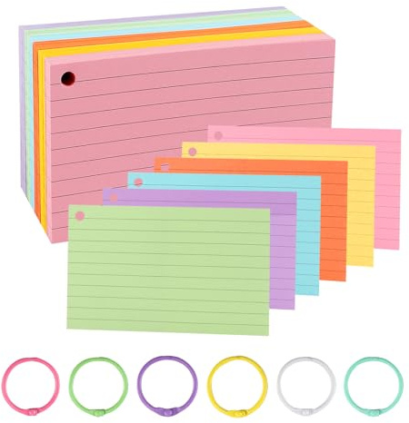 TECDW 300 Flash Cards, 7,6 x 12,7 cm Fiche Bristol avec Anneaux de Reliure, Multicolore Flashcards Perforées, Cartes D’Index Lignées, Cartes de Révision pour Maison Ecole Bureau Étude Notes (005)