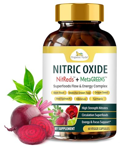 Organic Veda Nitric Oxide Capsules - NitReds Heart, Flow & Healthy Blood Pressure Supplement - Beet Root, Red Spinach, Pomegranate, Super Greens Matcha & Moringa for Antioxidant, Energy & Circulation