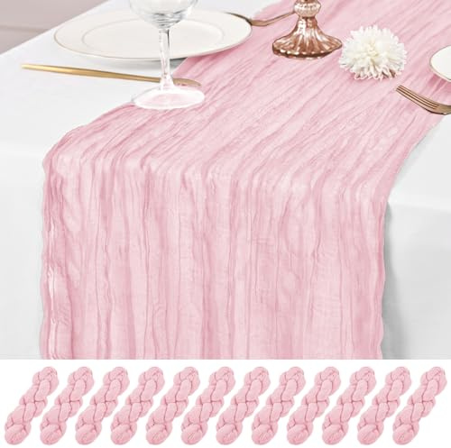 12 Pack Pink Table Runner 10Ft Cheesecloth Table Runner Rustic Gauze Table Runners Romantic Long Sheer Fabric Cheese Cloth Table Runners for Wedding Party Bridal Baby Shower