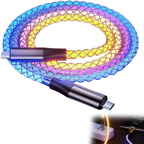 Cable USB C a USB C de 100cm 66W Luminoso Luz RGB Led Cable de Carga Rápida, Carcasa de Aleación de Zinc, Cable USB Luminoso para Transferencia y Carga de Datos, para Todos Los Dispositivos Tipo C