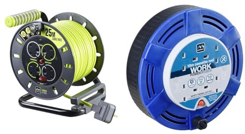 Masterplug Pro-XT Four Socket Open Cable Reel Extension Lead with Winding Handle, Thermal Cut Out & MCT1010/4BL Four Socket 10A Cassette Cable Reel with Thermal Cut-Out, 10 Metres, Blue