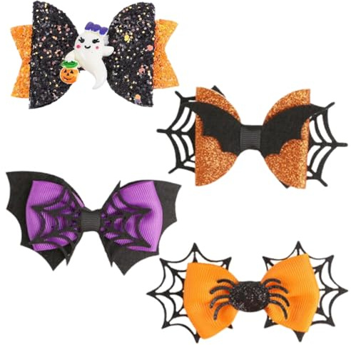 RAMGLYO 4Pcs Fermagli per Capelli Halloween Fiocco Glitter Clip Ragno Fantasma Fermaglio per Bambini Accessori per Capelli Festa di Halloween (Glitter)