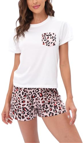 HENGERTOP Pijama Mujer a Pijamas para Mujer Corto de Impreso Conjunto de Pijama Mujer de 2 Piezas Ropa de Dormir para Casa Casual Suave y Comodo (FR/ES, Letras, M, Regular, Regular, Blanco)
