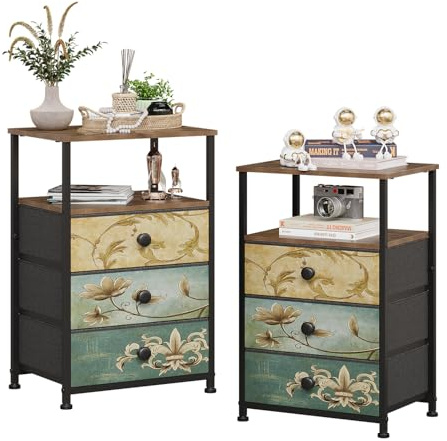 VEDECASA 2 Sets Chest of Drawers with Open Shelf Dresser for Bedroom with 3 Drawers Vintage Bedside Table Nightstand Cabinet for Living Room Sofa Couch Closet Wood Top Metal Frame Easy to Assemble