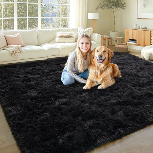 BSGIFT Alfombra para salón, 200 x 300 cm, color negro, mullida, moderna, de pelo largo, para salón, cama, alfombra de pelo alto, antideslizante, para dormitorio, habitación infantil