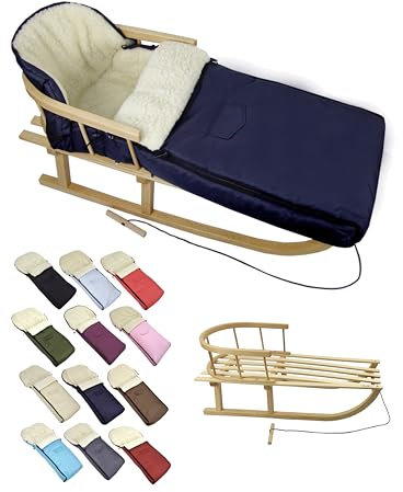 BambiniWelt Träsläde med ryggstöd och dragrep vinteråkpåse 108 cm – varm termofleece, vattenavvisande – kombiset för barnvagnar och buggy, färg: marin