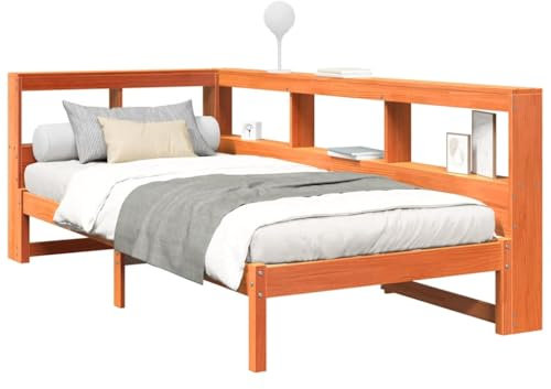 vidaXL Säng med bokhylla utan madrass vaxad brun 90x190 cm massiv furu, säng, sovrumsmöbler, säng i massivt trä, enkelsäng, träbädd