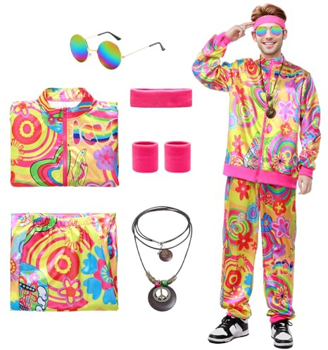 Ficlwigkis Hippie Kostüm Herren 80er 90er Jahre Outfit Herren Damen,Neon Flower Power 80er Trainingsanzug Retro Jogginganzug Bad Taste Outfit Karneval Faschingskostüme