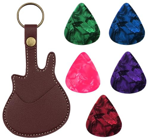 Deilonie Guitar Pick Case with Holder, 5 Picks, Keychain, Brown Leather, Classic Style