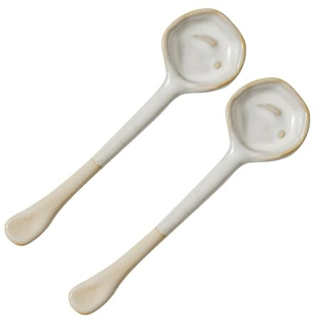 Jarsense Ceramic Ramen Soup Spoons - Japanese Retro White Ladles, Set of 2 for Pho, Miso, Cereal, and Sauces