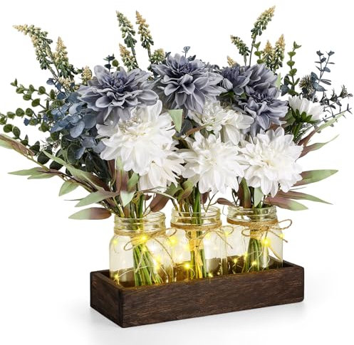 Baderke Mason Jar Lights Centerpiece Table Decorations for Dining Room Farmhouse Table Decor with 3 Jars Flowers, Wood Tray, Light String, Spring Centerpieces Decor for Kitchen Living Dining Room