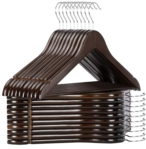 Pack 20 Perchas para Ropa de Madera Natural con Muescas Antideslizantes y Gancho Giratorio | Perchas Resistentes para Camisas, Chaquetas, Trajes y Abrigos (CAFÉ)