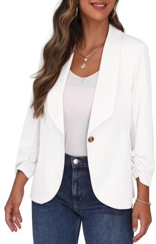 PrinStory blazer för kvinnor, revers krage, 3/4-ärmar, rynkade, kostymjacka, enknapps kofta, kort blazer, avslappnad klädsel för kontoret, 46