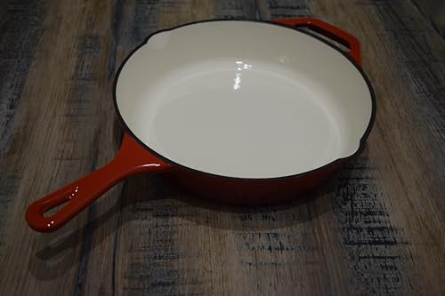 Atelier MH Poêle en Fonte Émaillée, 27 cm, Rouge, Intérieur Blanc, avec Poignée