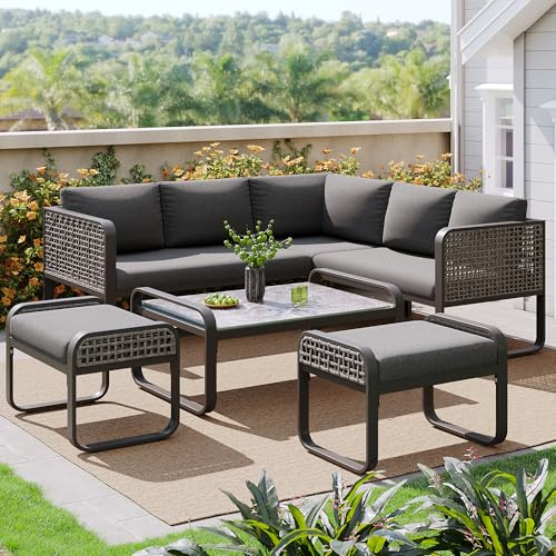Juego de muebles de jardín de ratán para 6-7 personas, 5 juegos de muebles de balcón con mesa, banco de sofá, muebles de jardín con patas ajustables, asiento y cojín de respaldo (gris)
