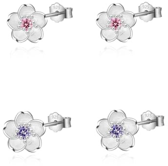 HinDaLi 2 Par 925 Sterling Silver Blomma Knoppörhängen för Kvinnor Flickor Rosa Lila Örhänge Nitar Kubisk Zirkon Allergivänliga Smycken 8mm