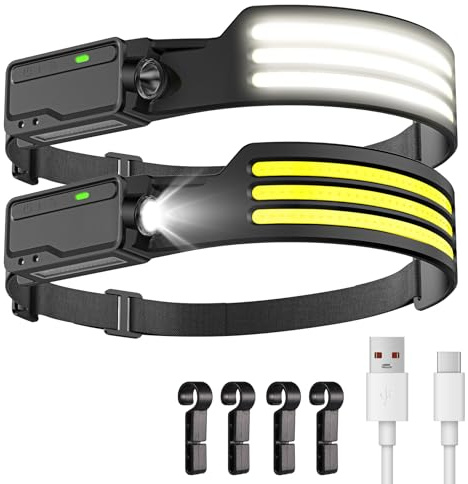 LUTW LED Torcia Frontale con Sensore Movimento, Ricaricabile USB Lampada Frontale Batteria 1200mAh, IPX4 Impermeabile Luce da Testa per Campeggio Corsa Pesca, 2 Pezzi