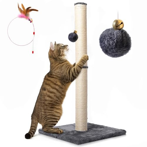 Rascador para Gatos Grandes, Poste Rascador de Sisal 74 cm con Cascabel en la Bola Colgante, Incluye Juguete de Plumas para tu Gato, Ideal para Afilado de Uñas y Diversión