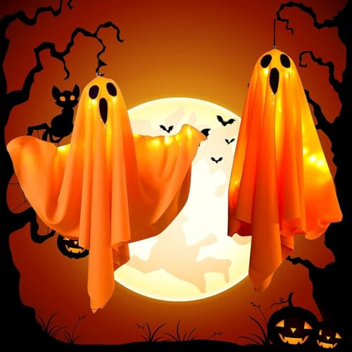Lypumso Halloween Decorazioni, 2 Pezzi LED Fantasma da Appendere con 3 modalità di Illuminazione, Addobbi Halloween Luci Esterno Interno Adatto per Patio, Cortile, Giardino, Albero, Festa-Arancione