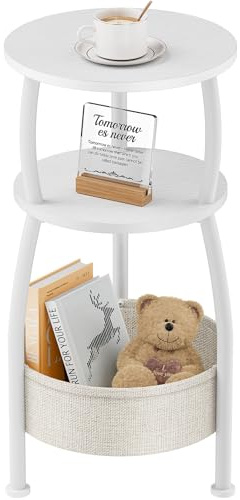 Yuede Round Side Table, 3 Tier Bedside Table, Small End Table with Fabric Basket, Coffee Table for Living Room, Bed Room, Small Space, Easy Assembly (White)