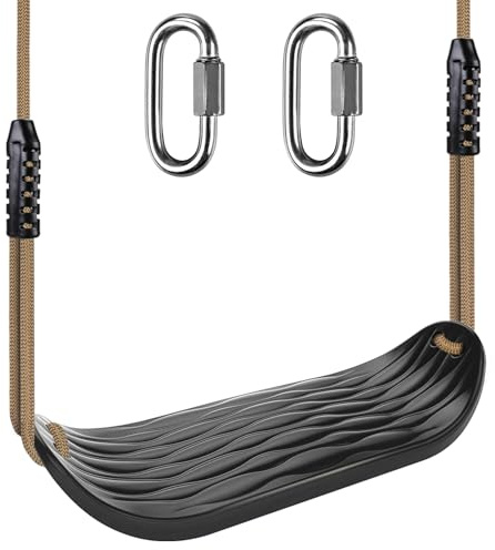 Dolibest Non-Slip Swing Seat, Plastic Tree Swing Seats for Kids with U-Shape Design & Soft Rubber Grip, Adjustable Rope (57-80), 2 Carabiners - for Indoor Outdoor Backyard Playground Use​- Black