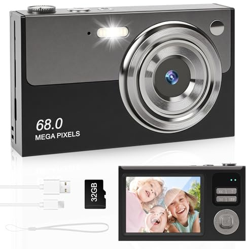 Fotocamera digitale FHD 1080P 68MP con scheda 32G da 2,8 LCD, 16X zoom digitale con batteria, portatile, semplice fotocamera digitale per bambini, studenti, adolescenti, principianti