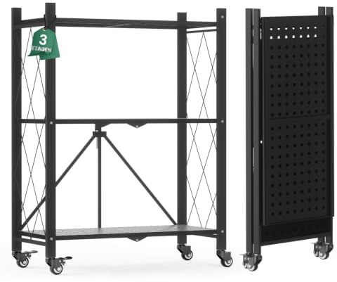 ALANNG Klappregal mit Rädern - Standregal mit 3 Ablagen, Bücherregal aus Metall - Montagefrei & Stabil - Für Küche, Wohnzimmer, Keller, Büro - Schwarz
