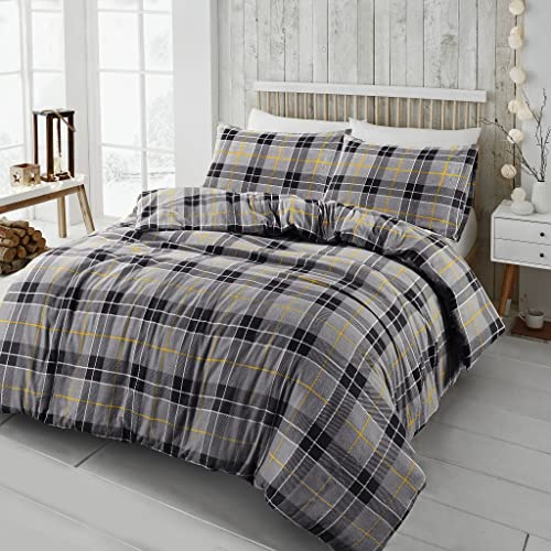 L S U Luxury Tartan Flannel Duvet Cover 100% Brushed Cotton Soft & Cozy Winter Bedding Set with Pillowcases (king grey duvet only)