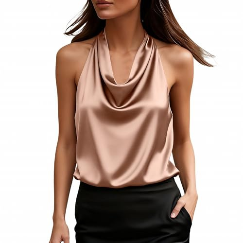 Generico Canotta Raso Donna Elegante Spalla Larga Canottiera a Cascata Curvy Senza Maniche Satin Tank Top Base Estiva Camicia Casual per Ufficio Festa Canottiere Eleganti Cerimonia Tops