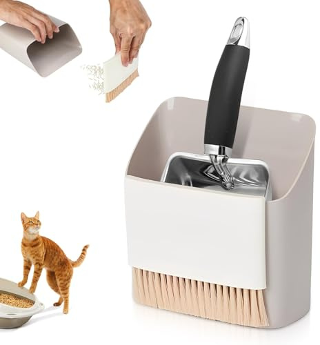 Kattsandskopa med hållare, rostfritt stål sandskopa + multifunktionell sopskyffel + kvast, robust nätskoper, kattcaddie för sandskopa, snabb siktning kattbajs skopa caddie bajs skopa stativ