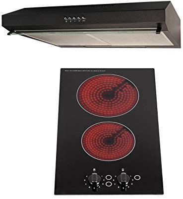 SIA 30cm 2 Zone Black Electric Domino Ceramic Hob & 60cm Visor Cooker Hood Fan