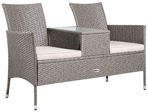 Casaria® Gartenbank Wetterfest Polyrattan Tisch Auflagen 320kg Belastbarkeit UV-beständig Garten Balkon Bank Möbel Sitzbank 2-Sitzer 143x55x88cm Creme