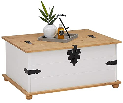 IDIMEX Mexico Möbel Truhentisch Tequila Couchtisch Truhe Wohnzimmertisch Beistelltisch im Mexiko Stil mit 5 Schubladen in weiß/braun