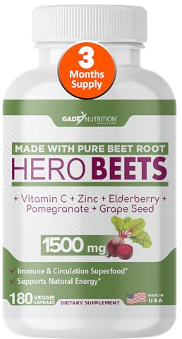 Gade Nutrition Hero Beets - Beet Root Capsules 1500mg - Organic Beet Root Powder + Vitamin C Zinc, Elderberry, Pomegranate, Grape Seed Extract - 3 Months Supply