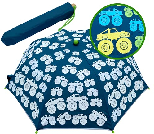 HECKBO Regenschirm Kinder Monster Truck Magic für Jungen Mädchen – Farbwechsel bei Regen – Taschenschirm - passt in jeden Schulranzen – Sturmfest - Geschenke zur Einschulung - mit Holzgriff