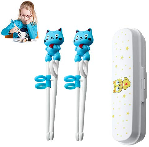2 Paar Kinder-Training-Essstäbchen - Anfänger-Chinesische Essstäbchen mit Assistent zum Griffslernen - Cartoon-Tier-Design geeignet für ältere Menschen - Blau