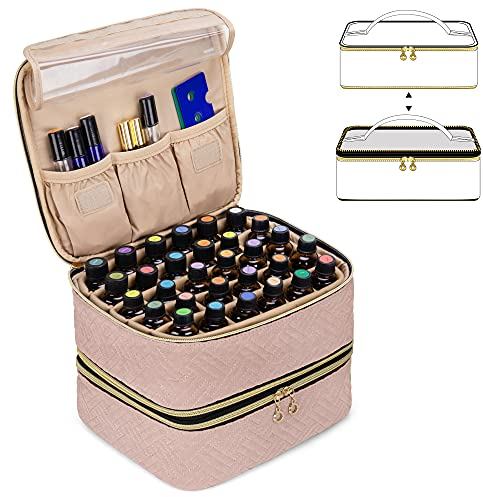 Luxja Ätherische Öl Tasche, Doppelschicht Aufbewahrungstasche für Öle und Zubehör, Öl Tasche für 60 Flaschen Öle(5 ml - 15 ml), Rosa (PATENTIERTES Produkt)