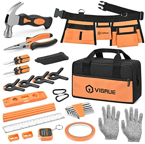 VIGRUE 𝐊𝐢𝐝𝐬 𝐓𝐨𝐨𝐥 𝐒𝐞𝐭, Children Gift Present Real Hand Tools Kit with Belt and Bag, Boy Builder Small Learning Accessories Construction Hammer Screwdriver for Home DIY Woodworking