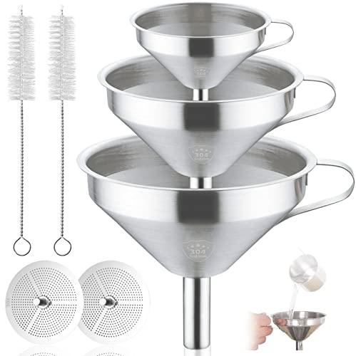 McNory Set de embudos de Cocina,3 Piezas Acero Inoxidable Embudo,Embudo de Cocina Mini,Kit de Embudo de Metal,Embudos Acero Inoxidable con Mango y colador Desmontable para filtrar líquidos