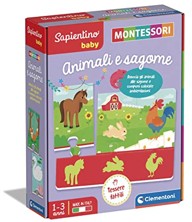 Clementoni Sapientino Baby Montessori - Animali e Sagome, Gioco Educativo Tattile, Bambini 1-3 Anni, Sviluppa Tatto, Manualità e Riconoscimento Animali, Made in Italy, Lingua Italiana, 16408