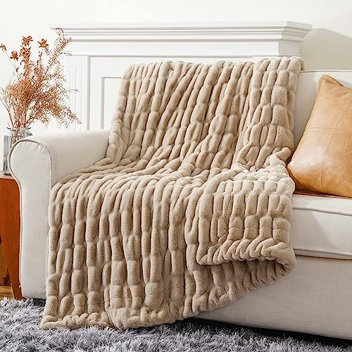 BATTILO HOME Luxury Faux Fur Throw Blanket for Couch, Cozy Plush Soft Blanket for Women, Double Side Ruched Rabbit Fur Blanket for Living Room, 50x60 Inches
