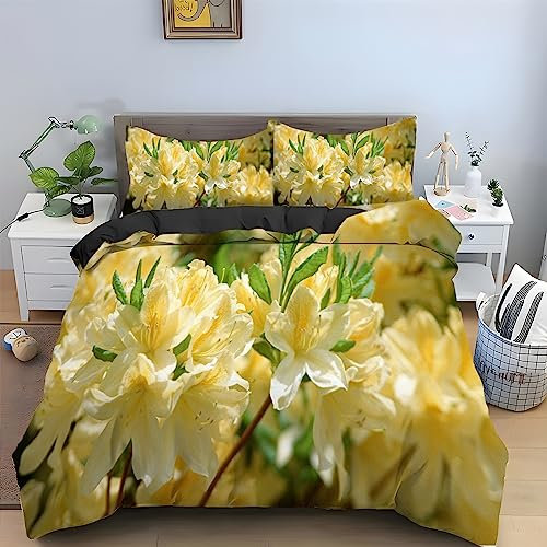 Yellow Rhododendron Super King Duvet Cover Plant Super King Bed Set Microfiber Soft Comfortable with Zipper Closure Bedding for Aldult, Home Decoration + 2 Pillow Cases 19X29